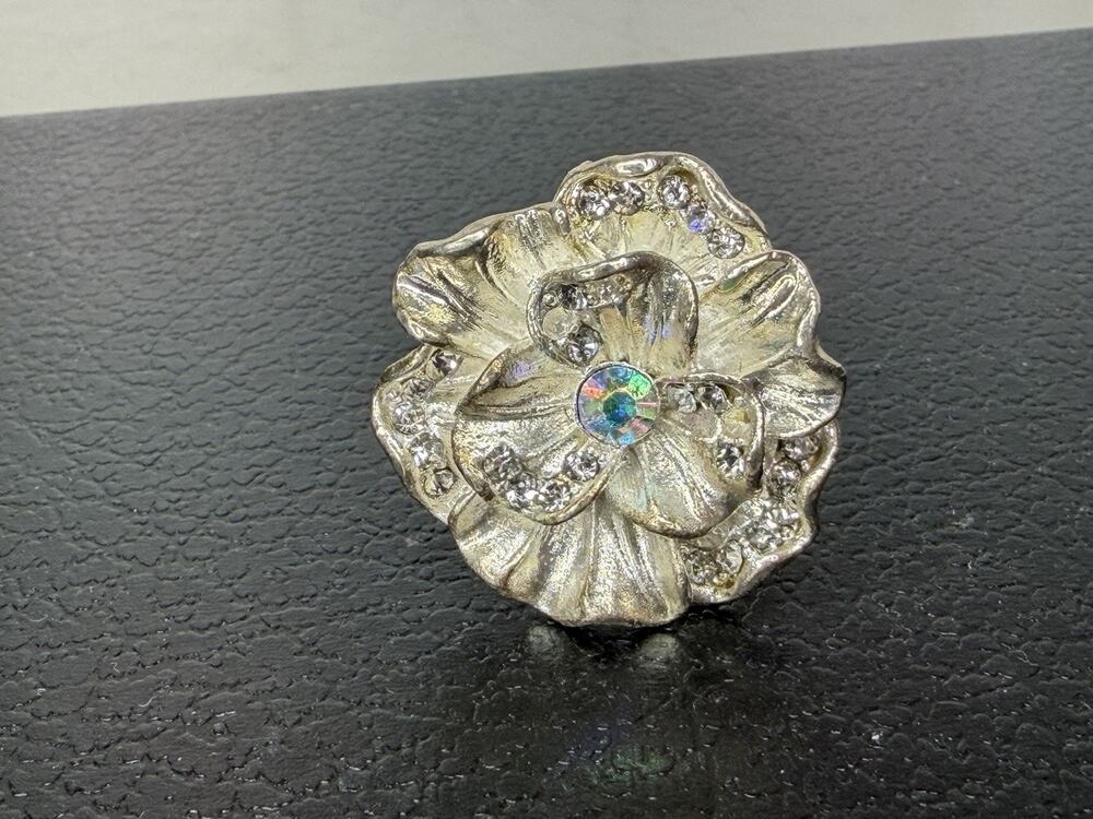 VTG Silver Statement Cocktail Ring Rose Floral Flower AB Rhinestone Adjustable